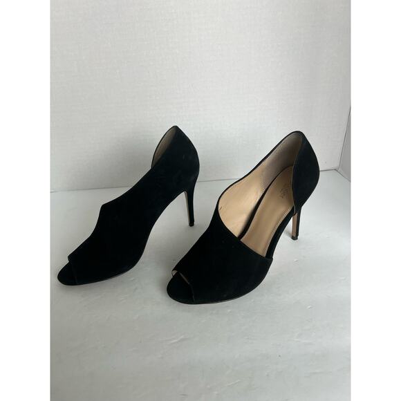 BOTKIER Black Adelia Asymmetric D’Orsay Peep Toe Suede Stiletto Pumps Size 8M - Picture 1 of 10